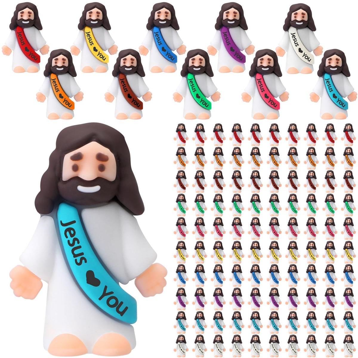 Bememo 100 Pcs Little Jesus Figures in vibrant colors, ideal for Easter egg hunts and gifts.