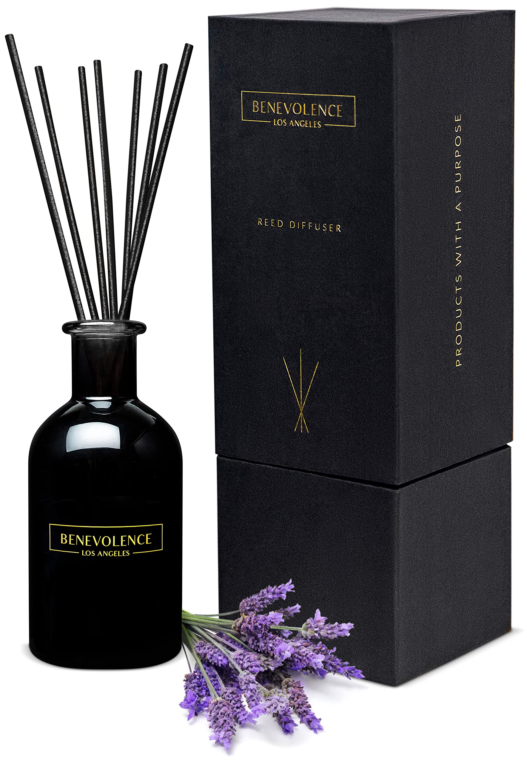 Benevolence LA reed diffusers lavender eucalyptus bottle releasing calming aroma