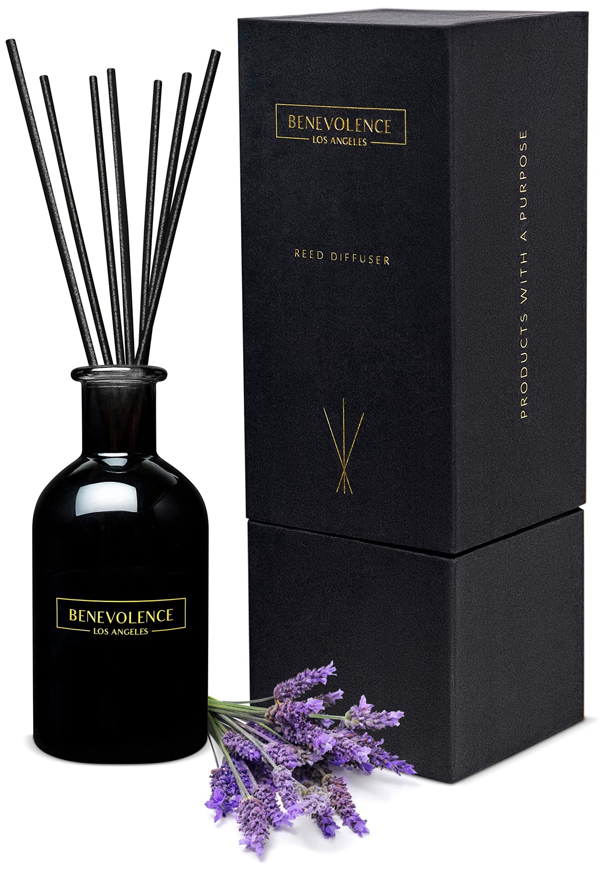 Benevolence LA reed diffusers lavender eucalyptus bottle releasing calming aroma