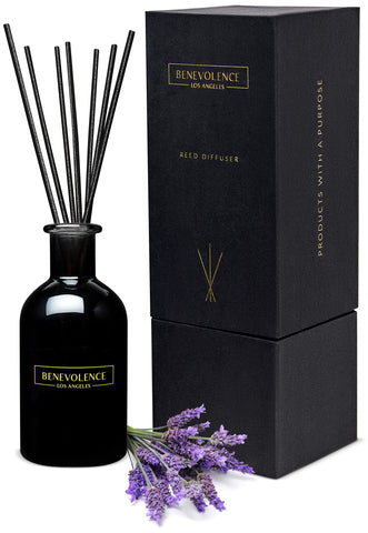 Benevolence LA reed diffusers lavender eucalyptus bottle releasing calming aroma