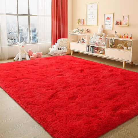 BENRON soft plush texture of BENRON red rug in focus