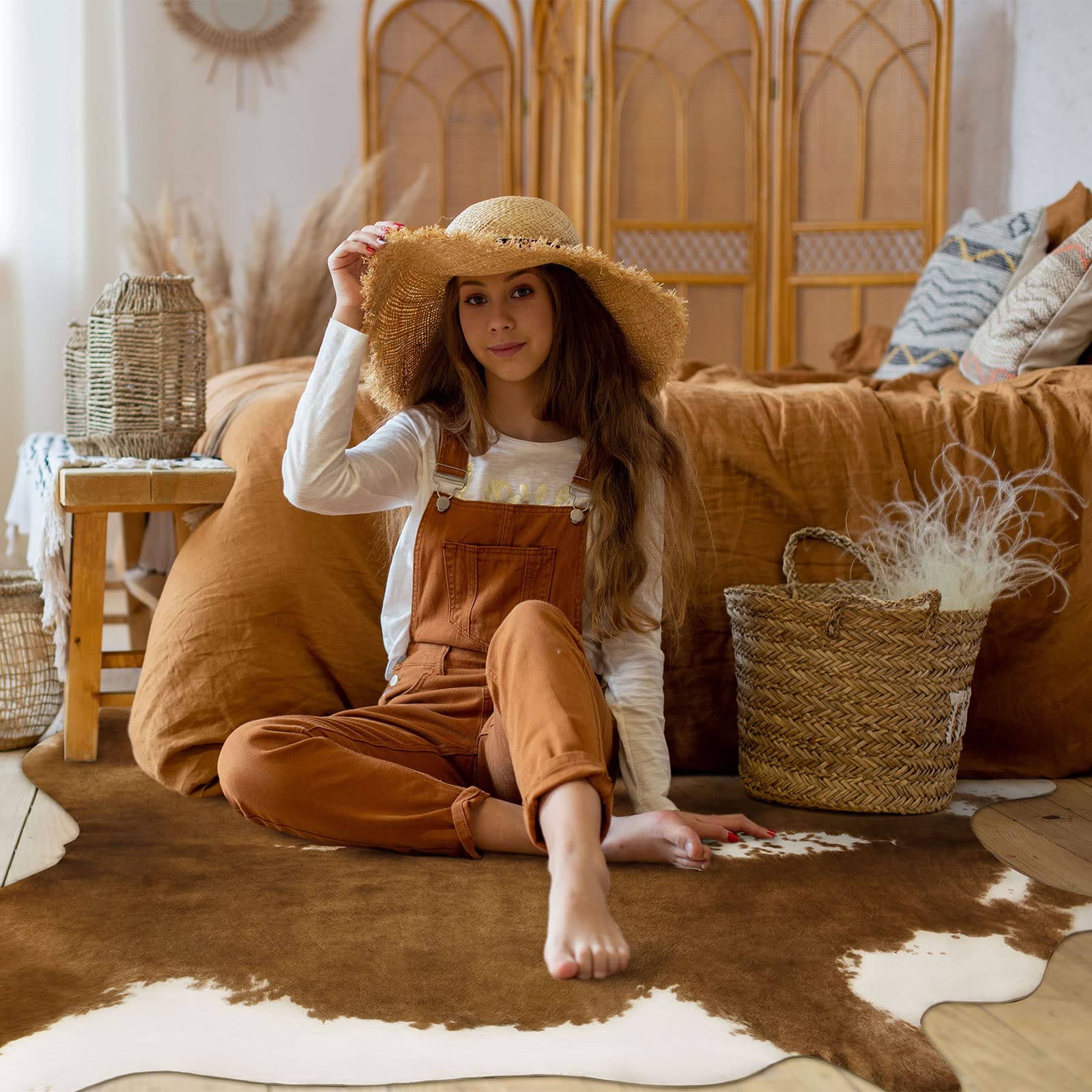BENRON khaki brown faux rug adds depth to textiles and furniture finishes.