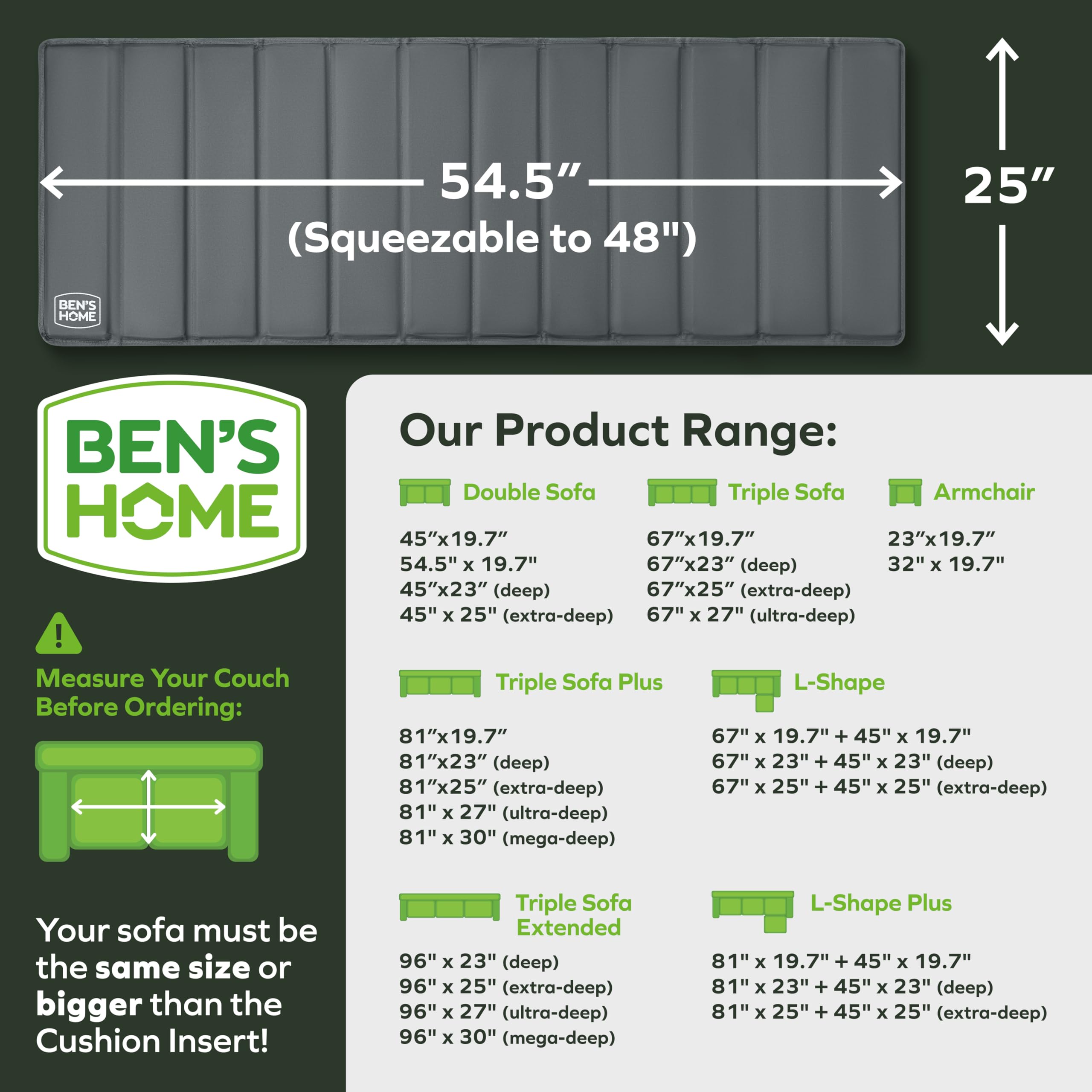 BEN'SHOME fit guide image showing loveseat width 48 to 54.5 inches