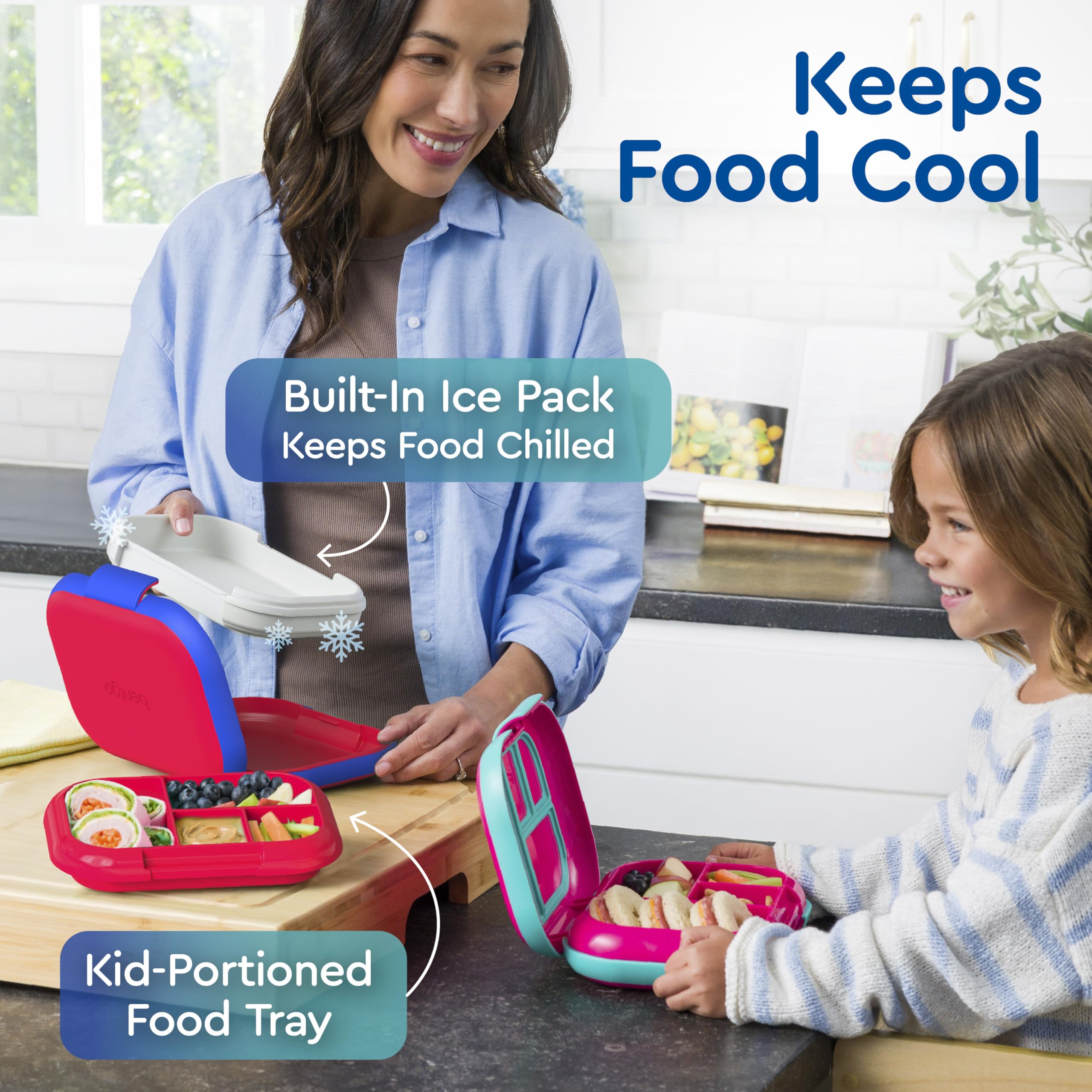 Bentgo Chill Kids four-compartment tray separates fruits, veggies, and dairy.