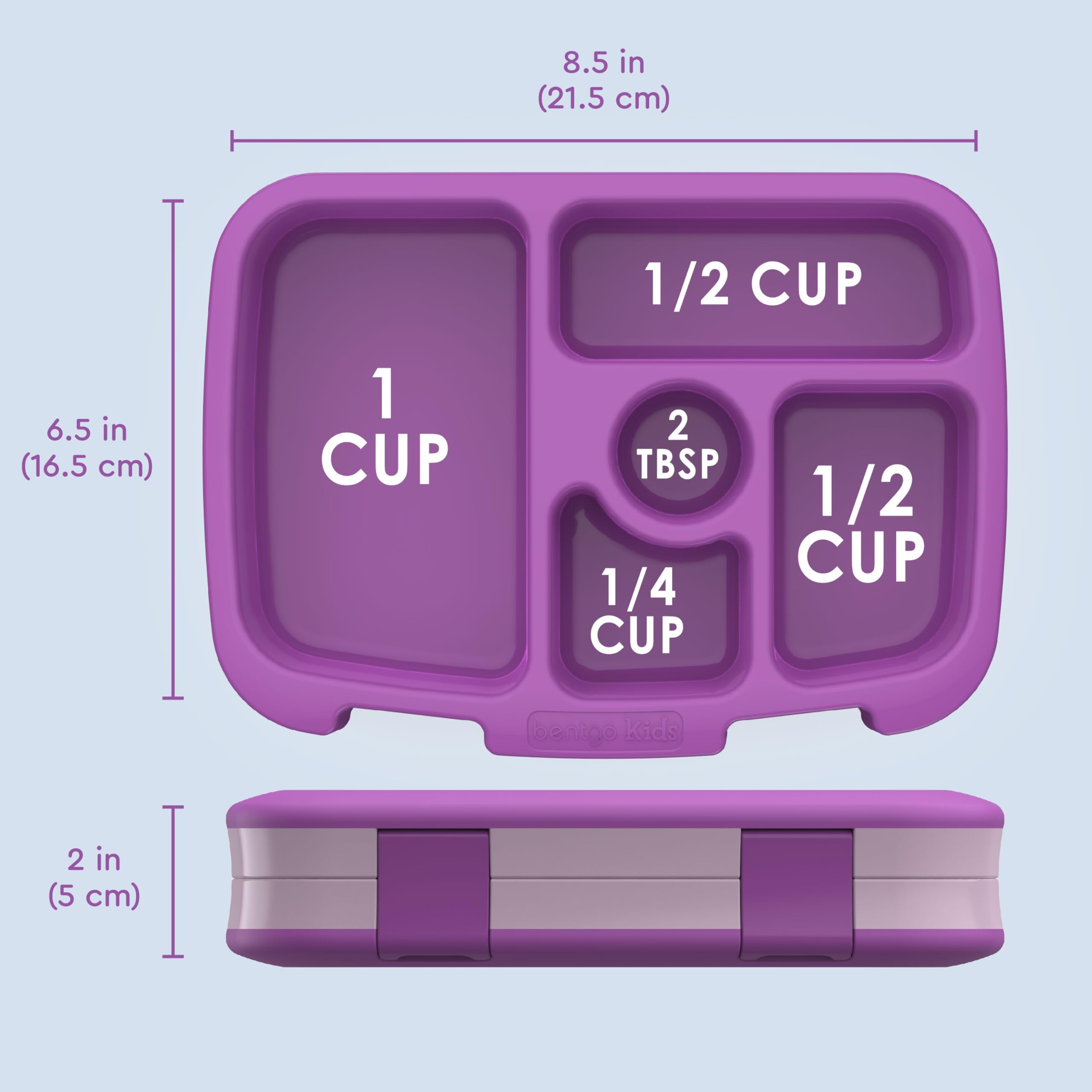 Bentgo Kids 2.4 cup capacity illustration for kid-sized portions.
