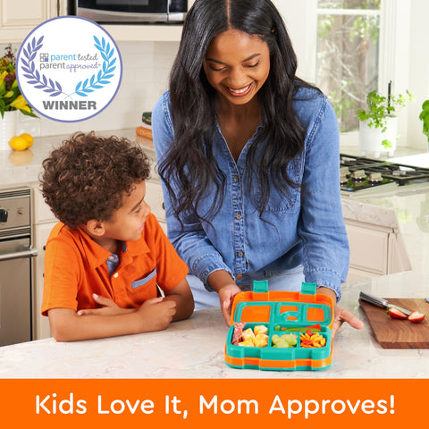 Bentgo Kids orange closed lid emphasizing leak-proof design for mess-free lunches
