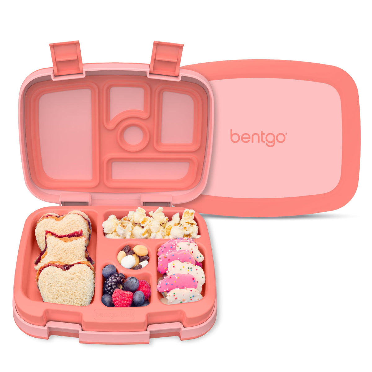 Bentgo Kids 5-compartment coral lunch box keeps meals organized for school lunches.