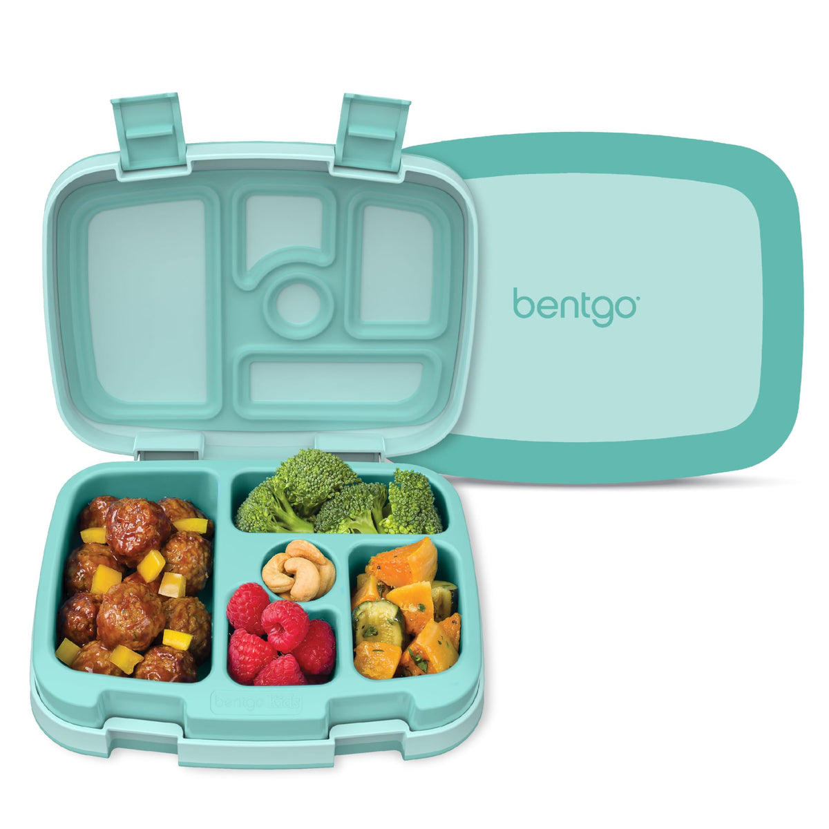 Bentgo Kids 5-compartment Bento Lunch Box showing portioned trays for ages 3 to 7.