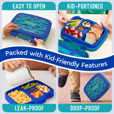 Bentgo Kids Sharks drop-proof edges protect the lunchbox during active days
