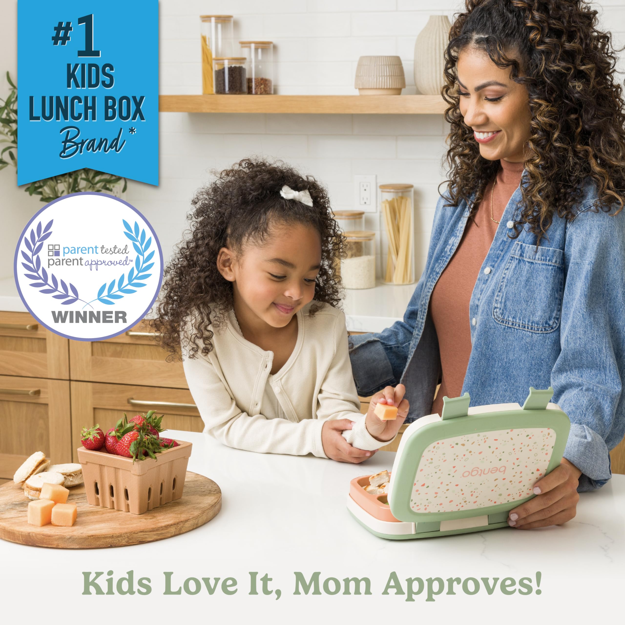 Bentgo Kids Geo Speckle open tray reveals five compartments for balanced meals.