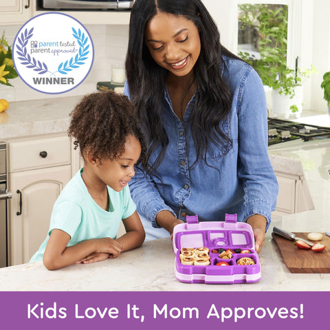 Bentgo Kids leak-proof lid visible on the lunch box, reducing spills at school.