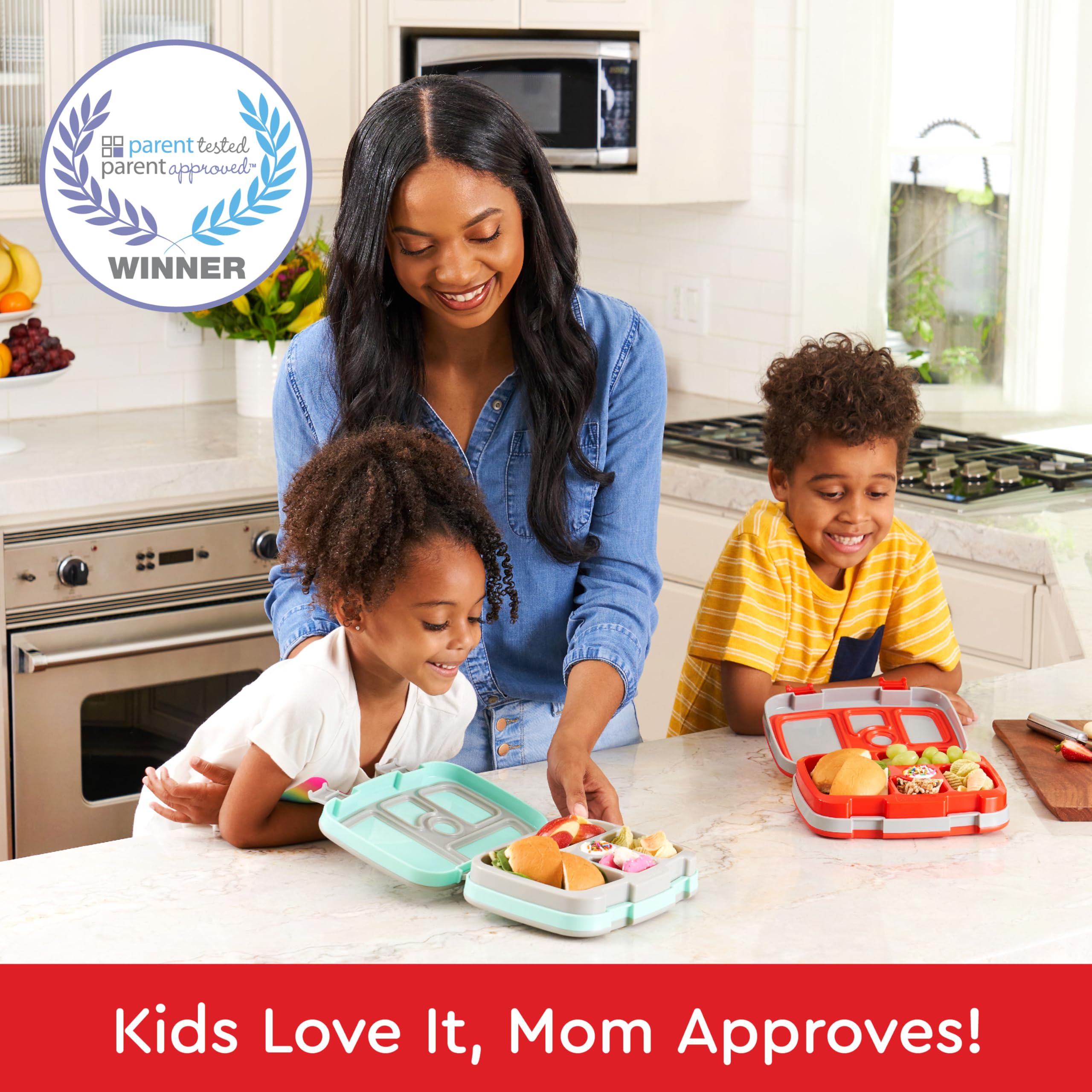 Bentgo Kids leak-proof lid keeps meals neatly separated during transport.