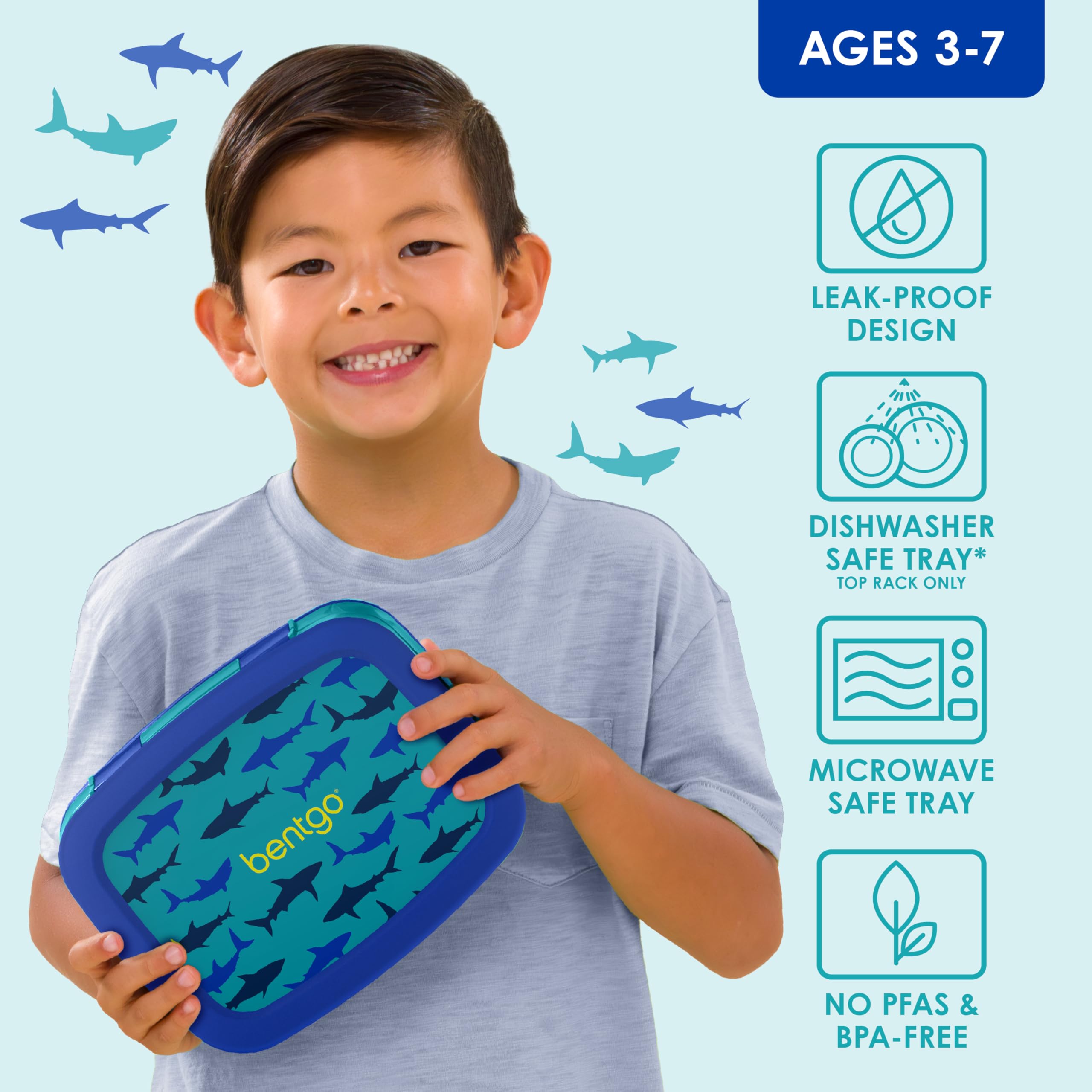 Bentgo Kids Sharks leak-proof lid keeps meals contained during transport