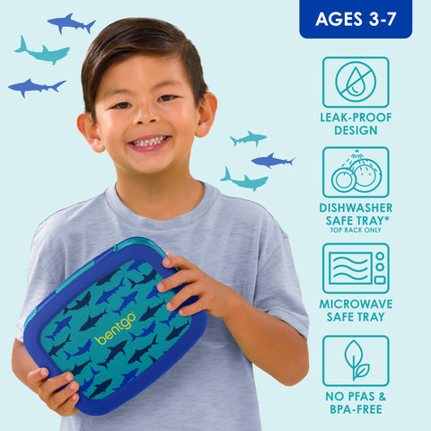 Bentgo Kids Sharks leak-proof lid keeps meals contained during transport