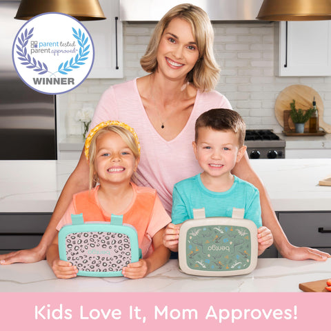 Bentgo Kids Leopard five-compartment lunch area keeps portions balanced.