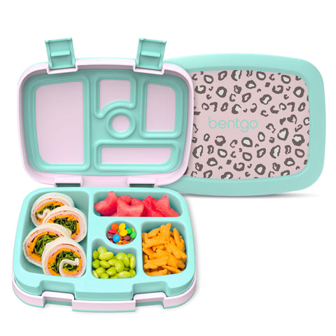 Bentgo Kids Leopard leak-proof lid keeps meals contained and mess-free.