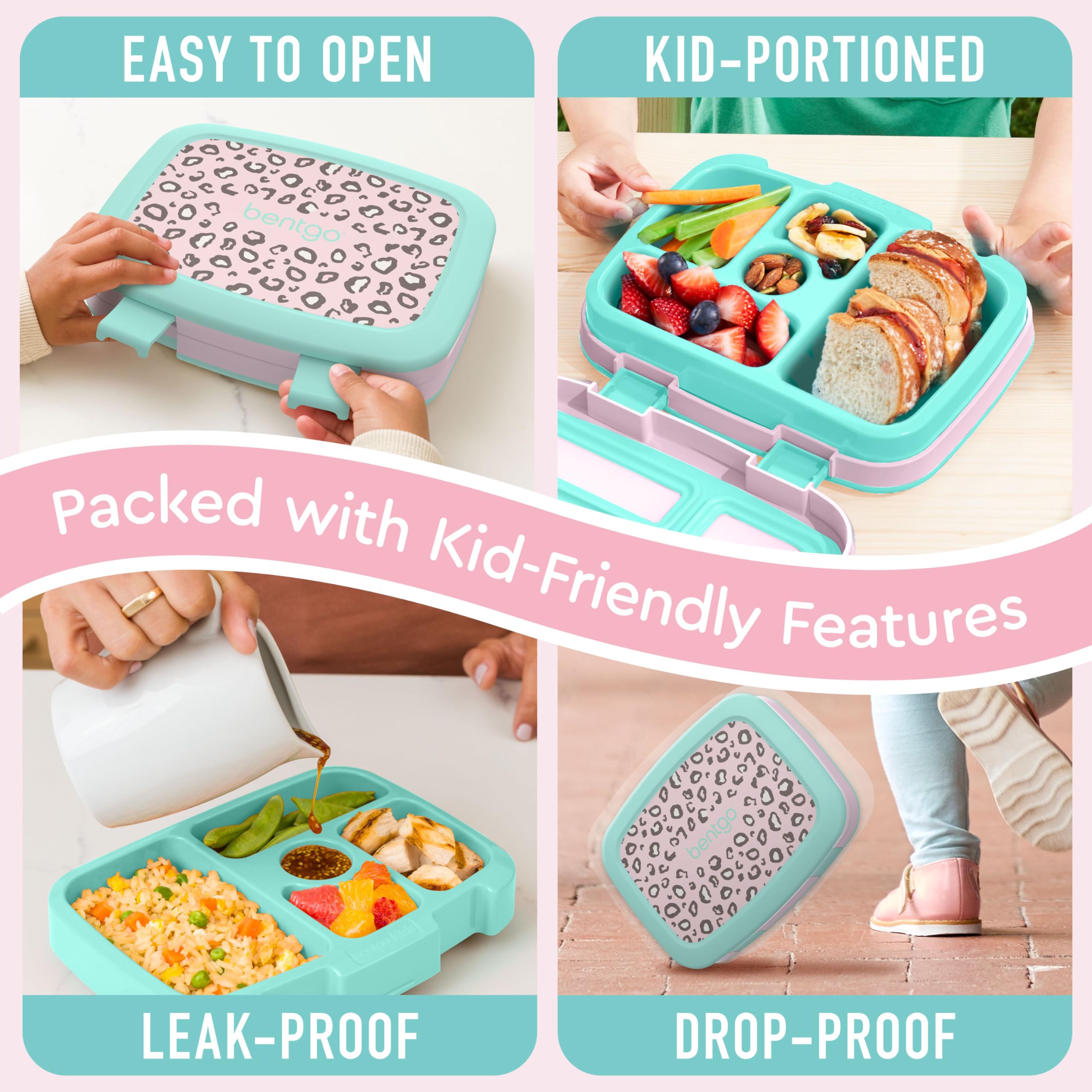 Bentgo Kids Leopard microwave-safe tray heats food safely.