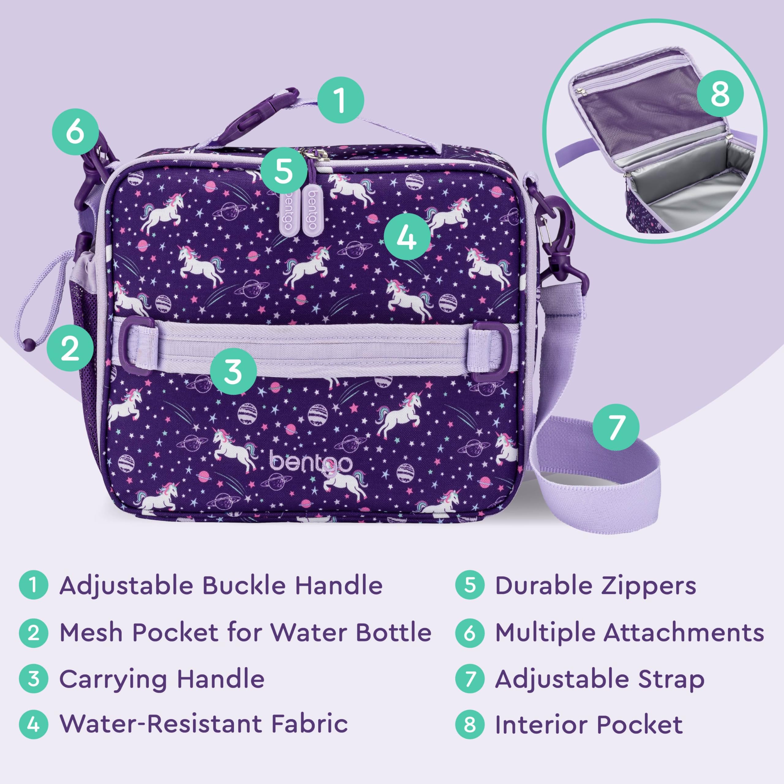 Bentgo Kids Unicorn lunch bag adjustable strap for hands-free carrying