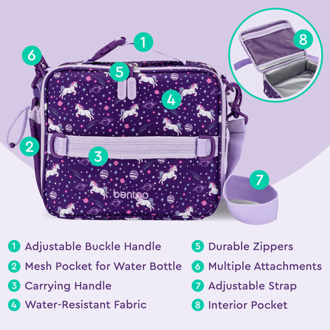 Bentgo Kids Unicorn lunch bag adjustable strap for hands-free carrying