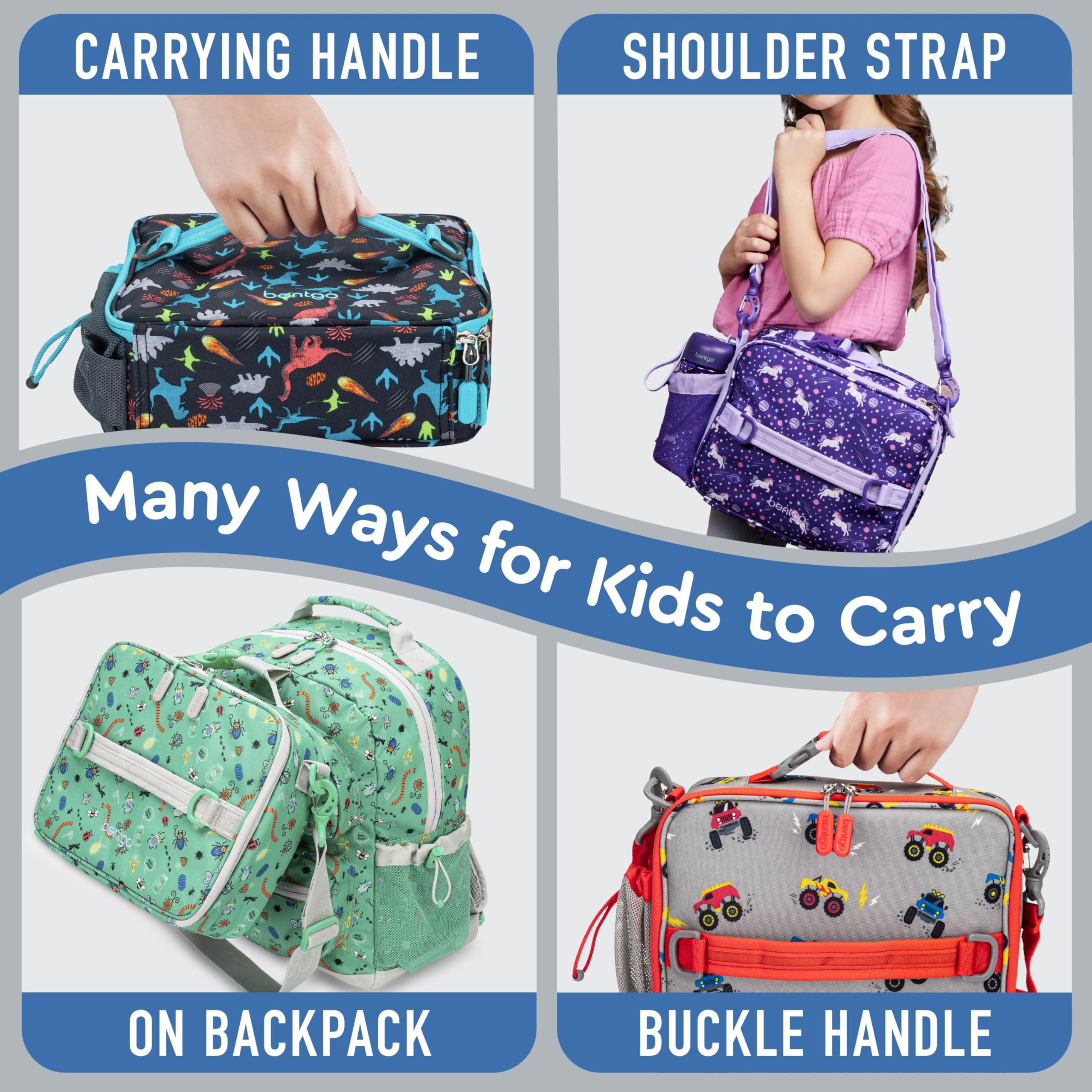 Bentgo Kids Lunch Bag built-in buckle and D-ring attach to backpacks for security