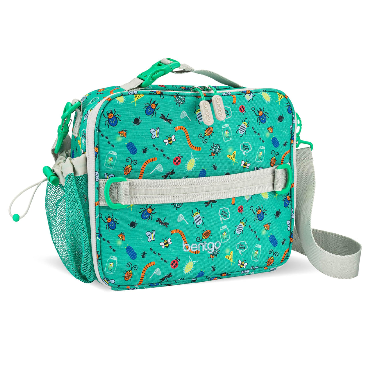 Bentgo Kids Lunch Bag Bug Buddies front view highlights durable, easy-clean construction for daily use.