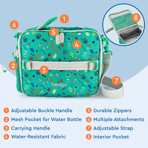Bentgo Kids Lunch Bag carrying options show a comfortable handle and adjustable strap.