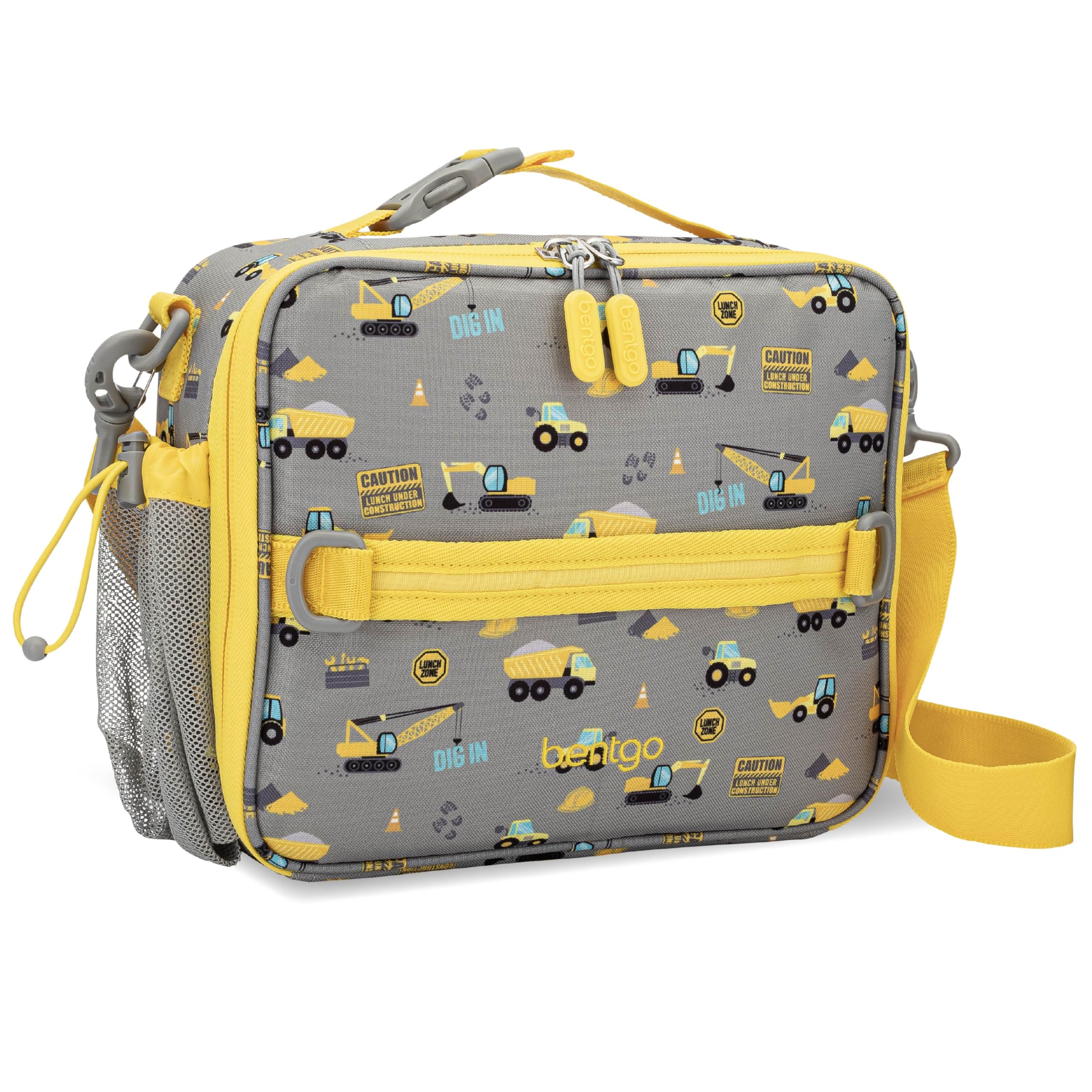 Bentgo Kids Lunch Bag front view with construction trucks print for school use.