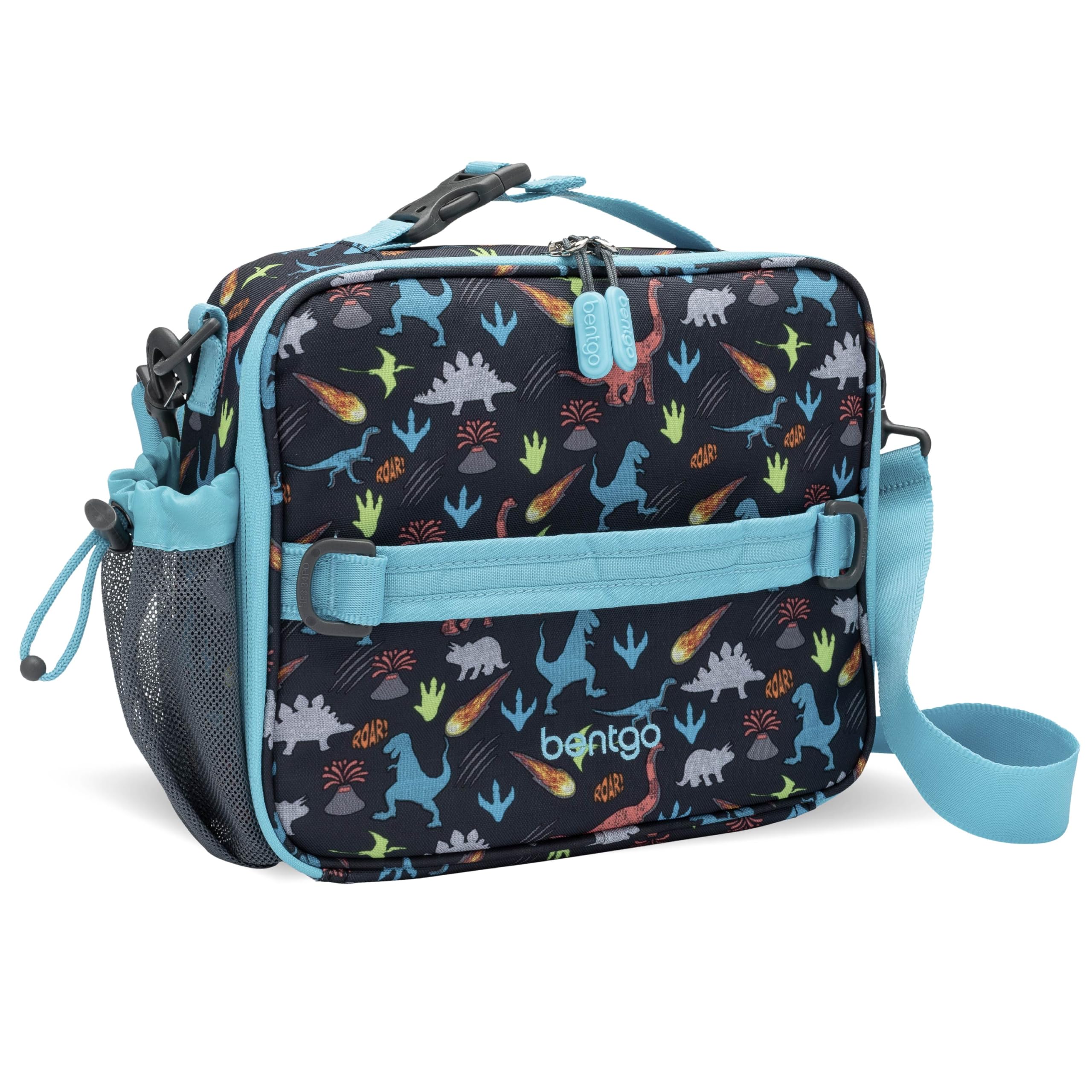 Bentgo Kids Lunch Bag front view in dinosaur print, easy to carry and organize.