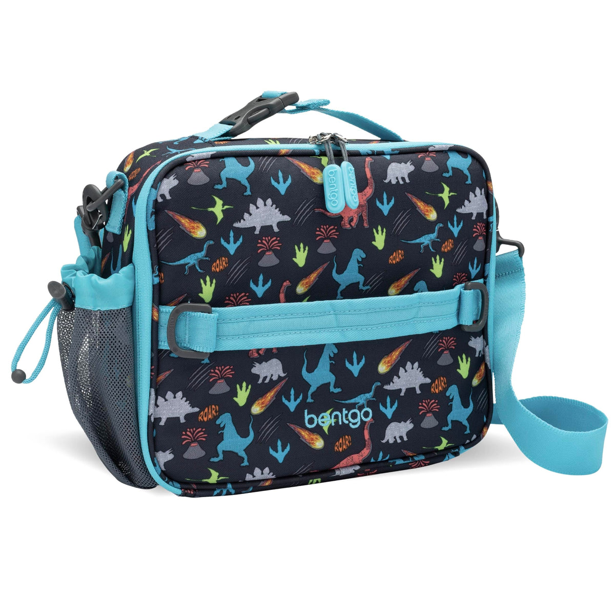 Bentgo Kids Lunch Bag front view in dinosaur print, easy to carry and organize.