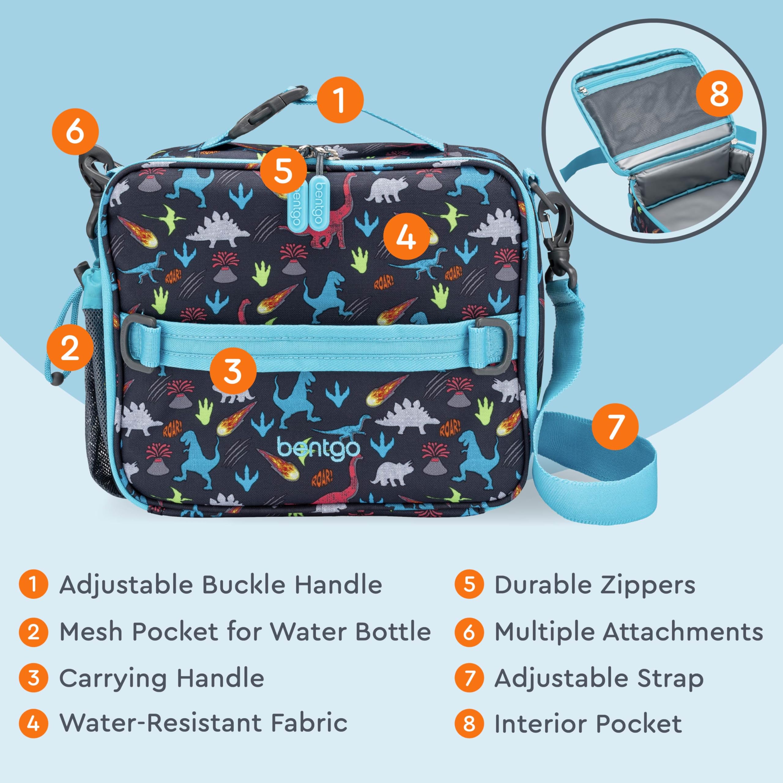 Bentgo Kids lunch bag dinosaur zipper closure, easy for kids.
