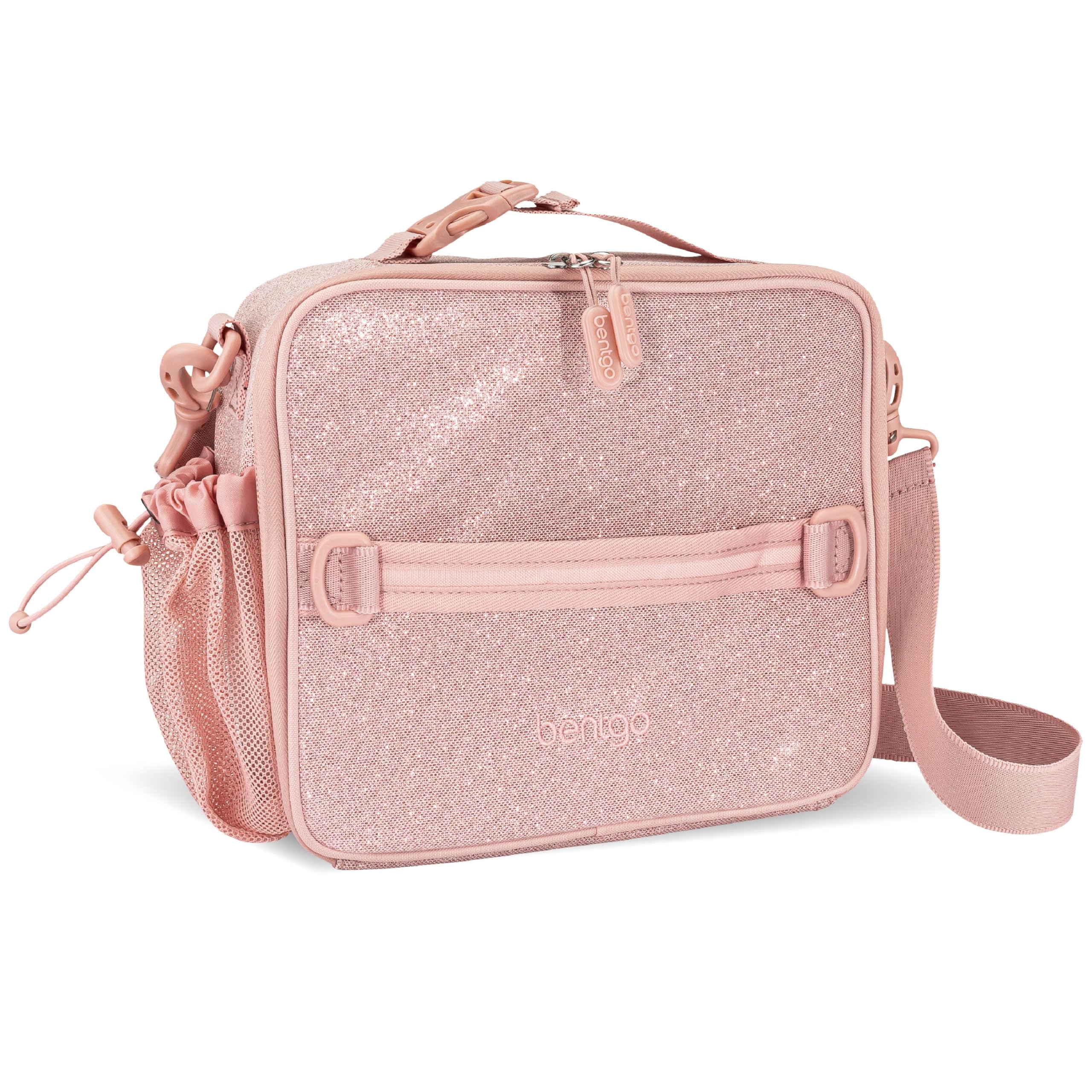 Bentgo Kids lunch bag front view in glitter petal pink showing stylish portability