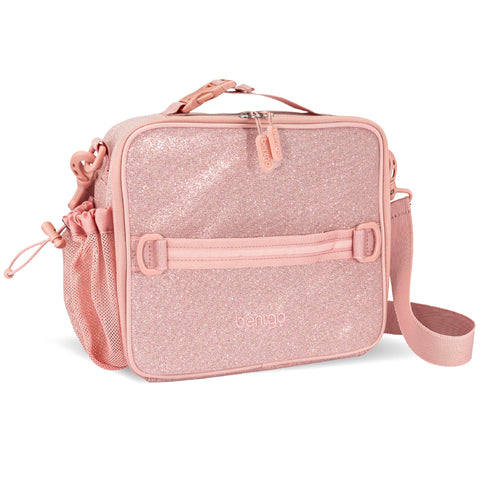 Bentgo Kids lunch bag front view in glitter petal pink showing stylish portability