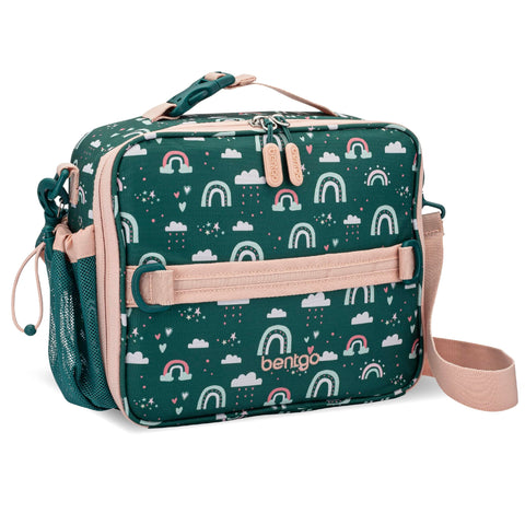 Bentgo Kids Lunch Bag green rainbow front view with double insulation for fresher meals.