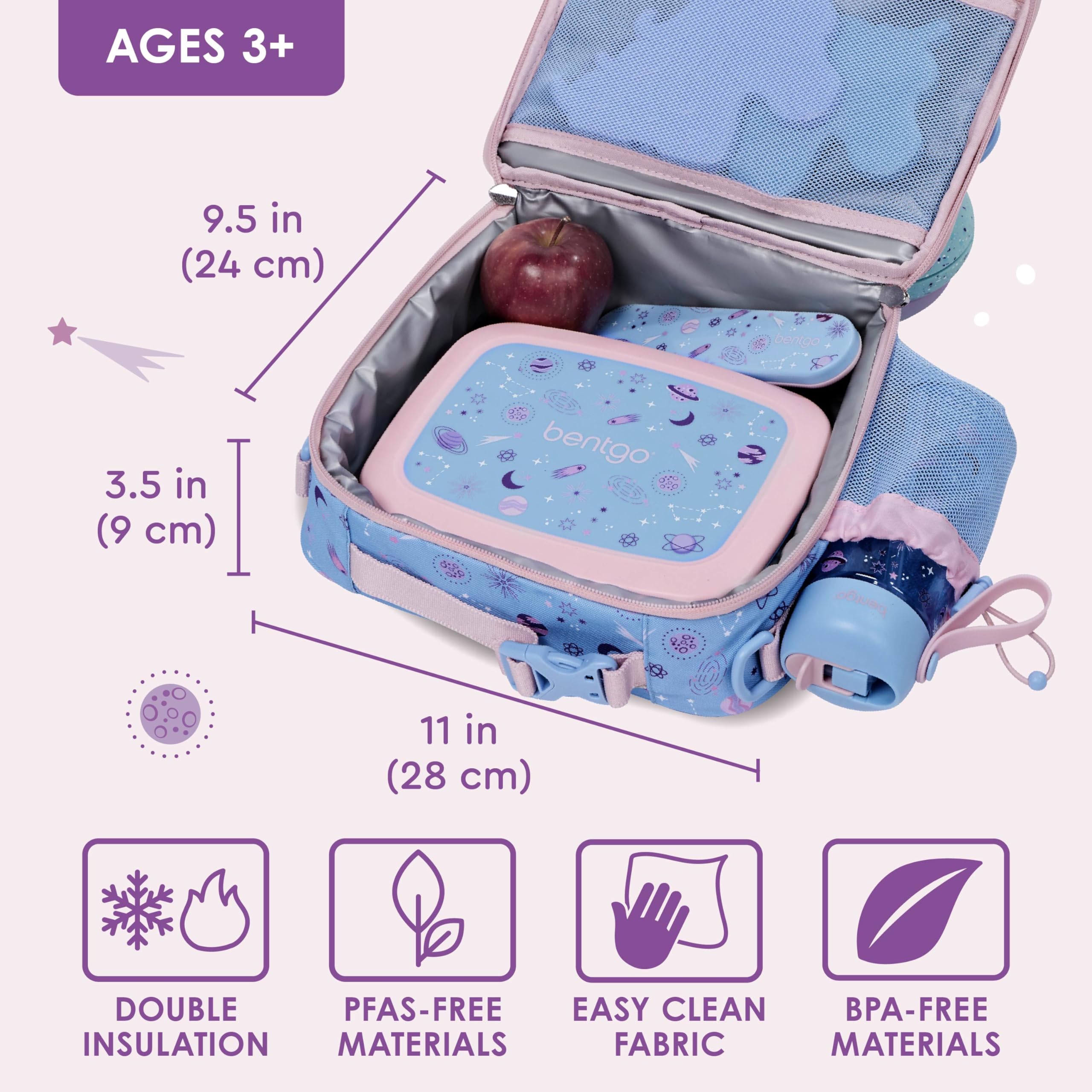 Bentgo Kids Lunch Bag Lavender Galaxy interior with thermal compartment