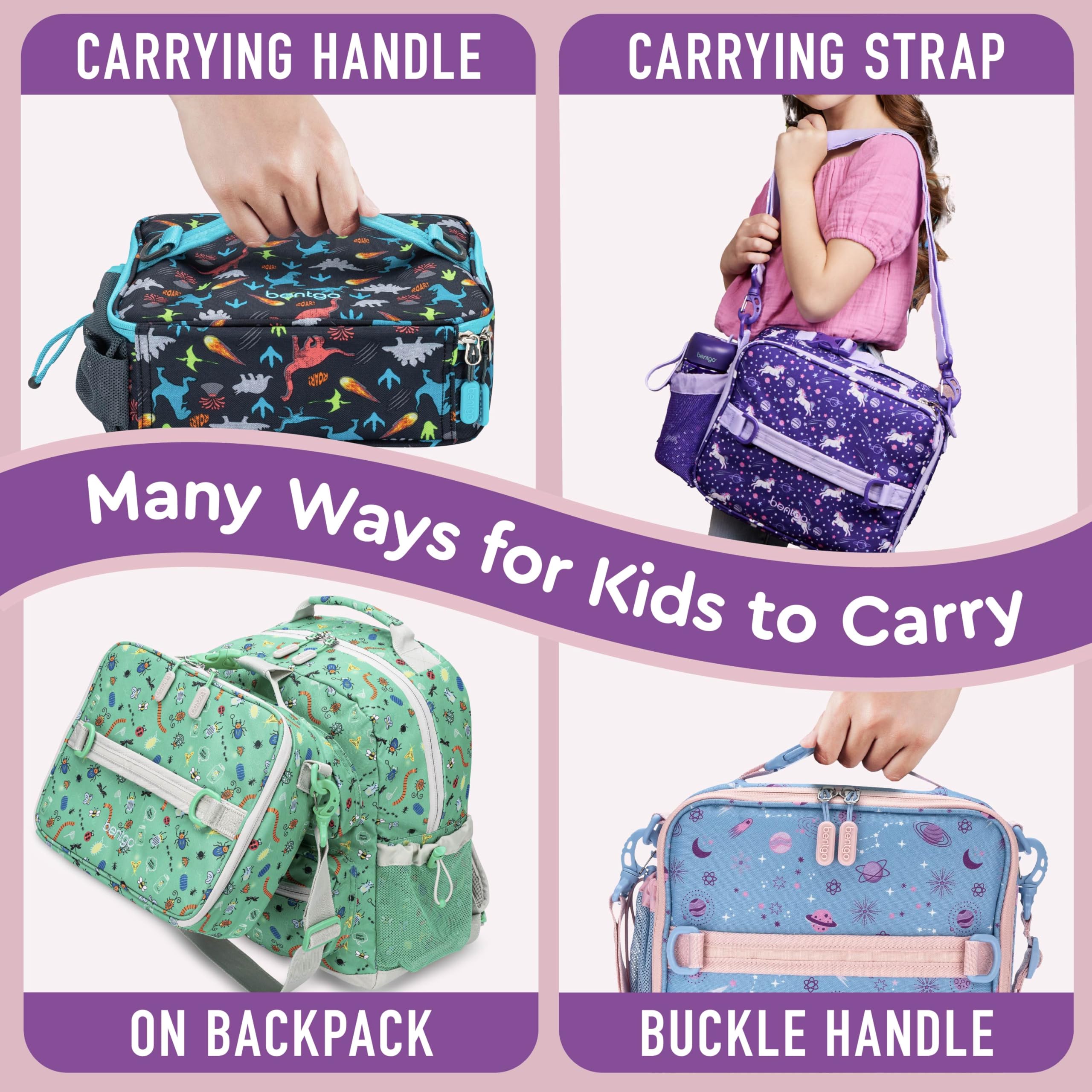 Bentgo Kids Lunch Bag Lavender Galaxy water bottle slot in use