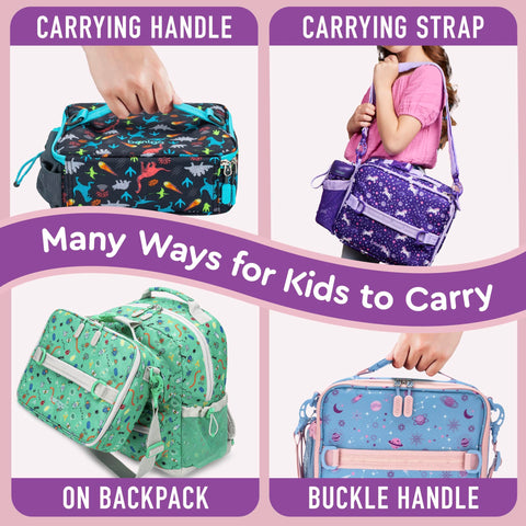 Bentgo Kids Lunch Bag Lavender Galaxy water bottle slot in use