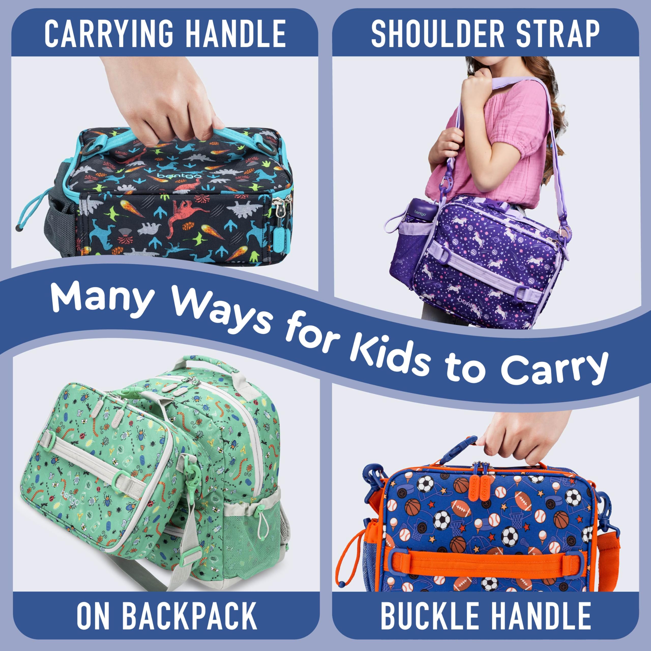 Bentgo Kids lunch bag multiple carry options for comfortable hands-free transport.