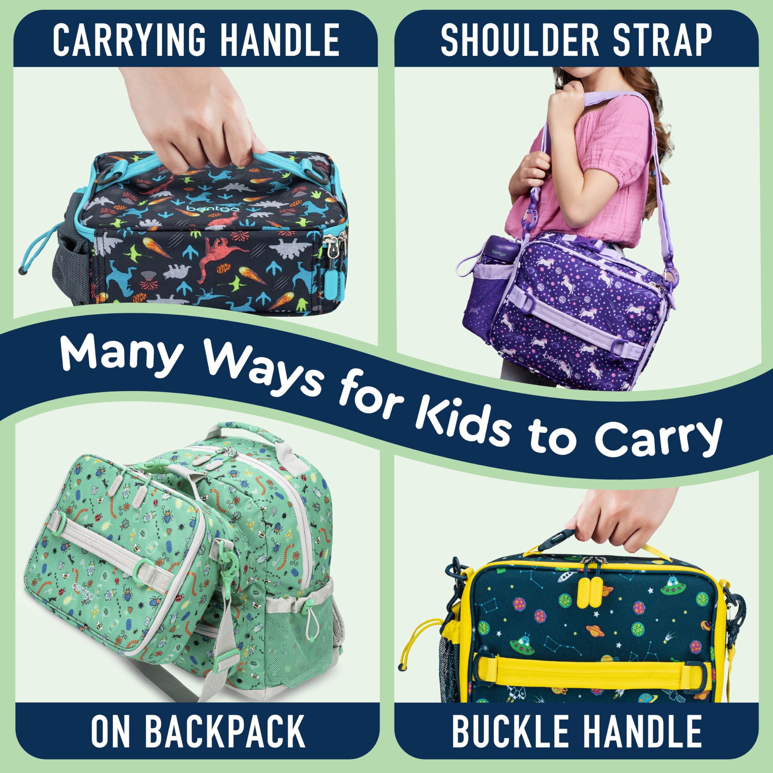 Bentgo Kids Lunch Bag multiple pockets organize utensils and snacks.