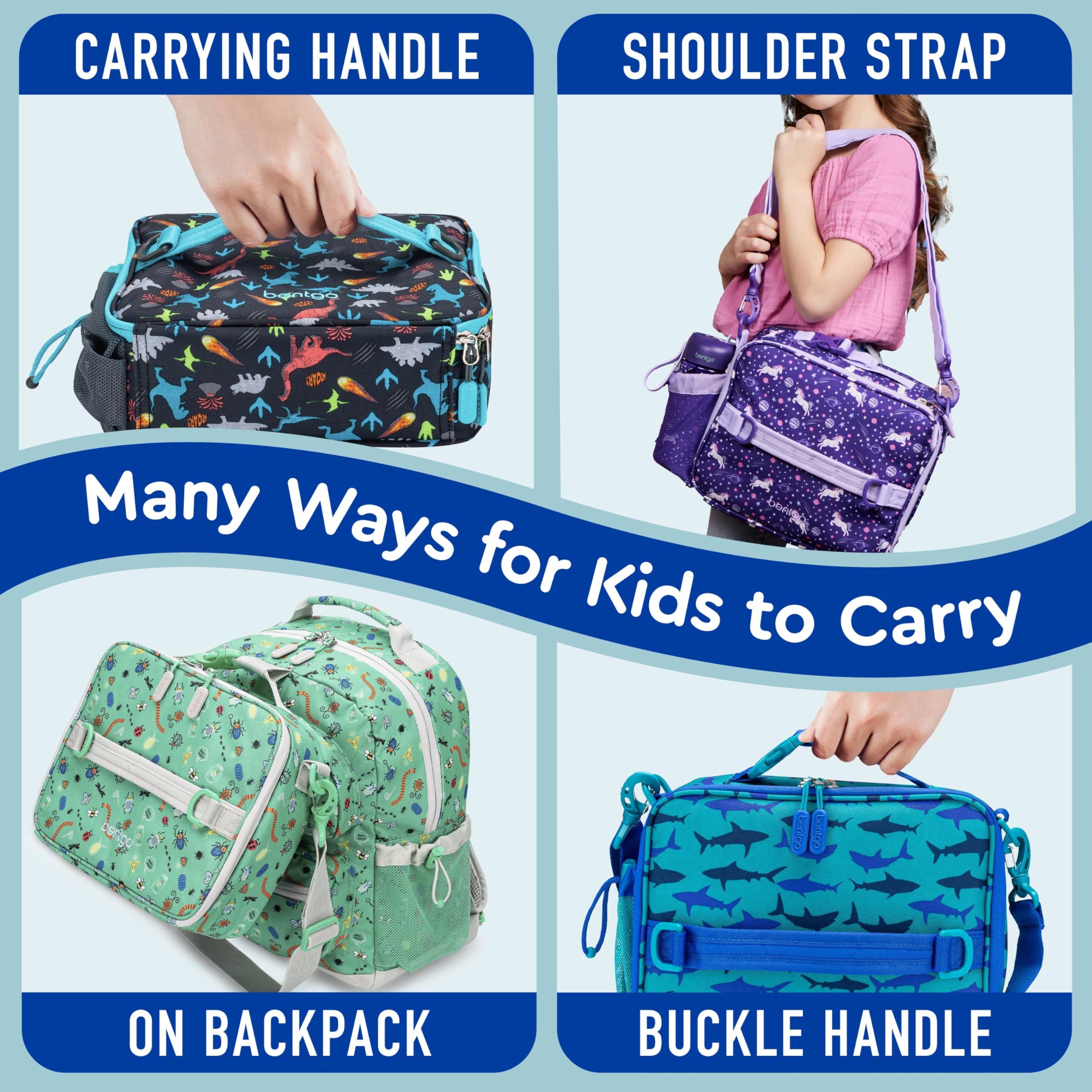 Bentgo Kids Lunch Bag Shark buckle and D-ring for backpack attachment