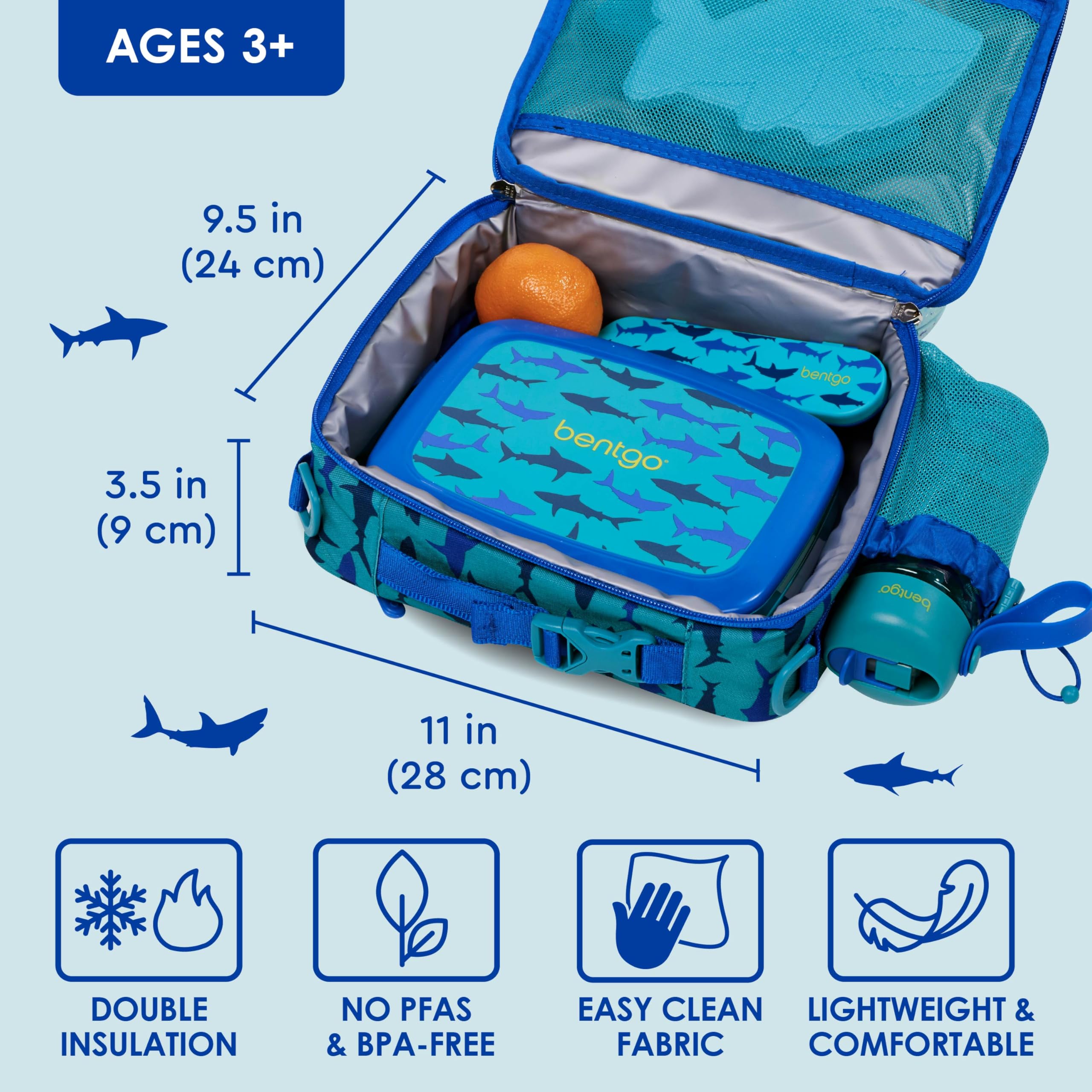 Bentgo Kids Lunch Bag Shark adjustable strap and handle for versatile carrying