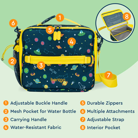 Bentgo Kids Lunch Bag adjustable strap and handle for comfy carries.