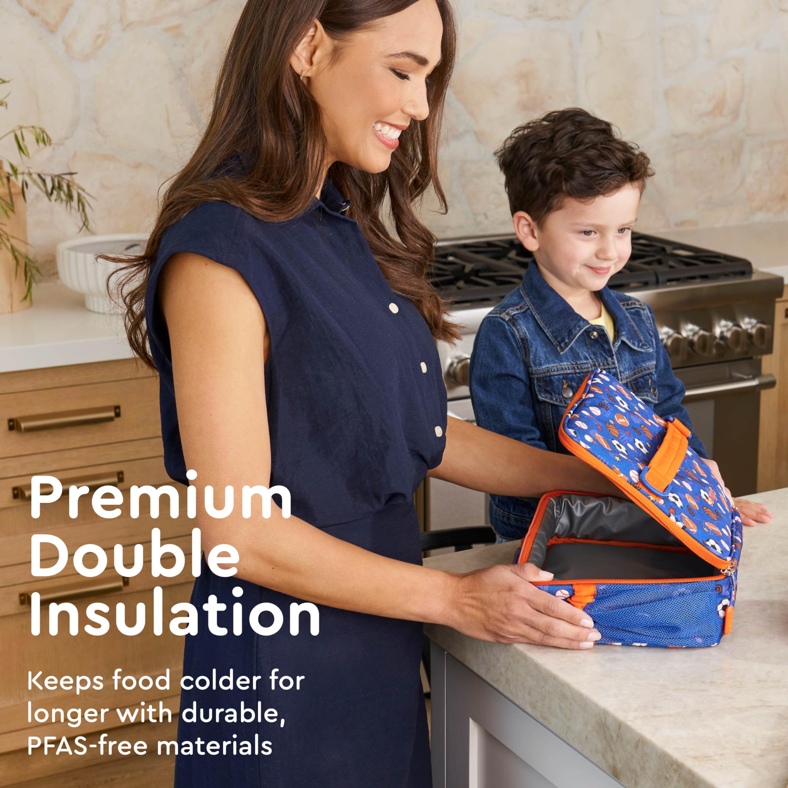 Bentgo Kids lunch bag water resistant fabric protects contents during rain.