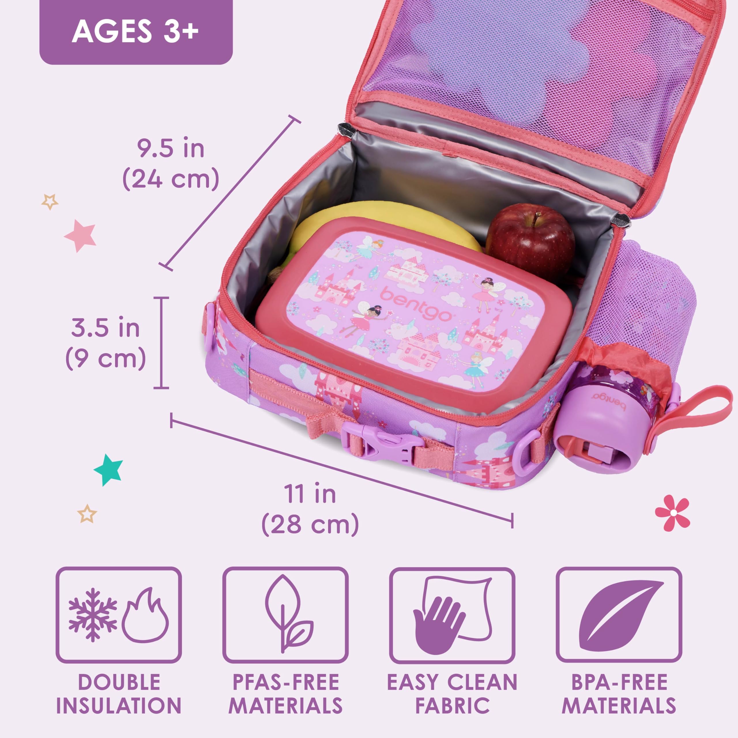 Bentgo Kids Lunch Bag water-resistant-fabric resists spills at school.