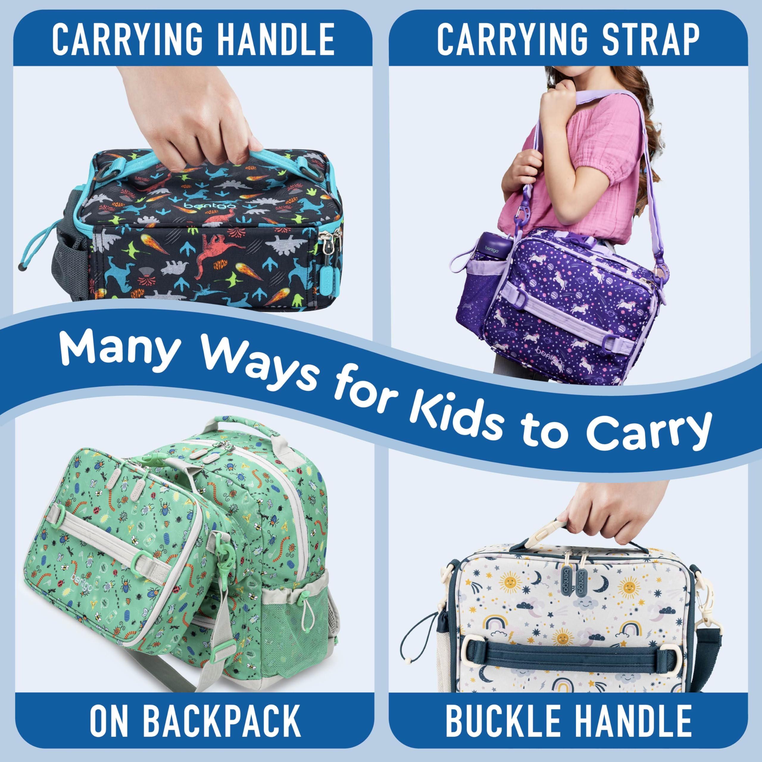 Bentgo Kids Lunch Bag water-resistant fabric protects contents during rain and daily use.