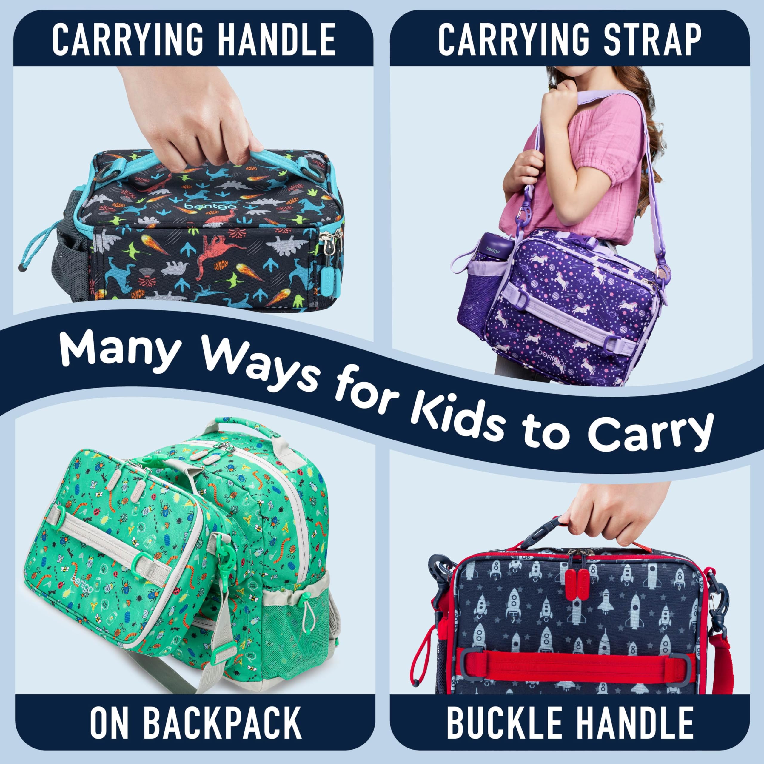 Bentgo Kids lunch bag water-resistant fabric protects contents on busy weekdays.