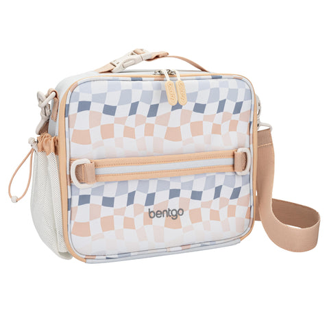 Bentgo Kids lunch bag in checker gradient with double insulation keeps meals fresh on the go.