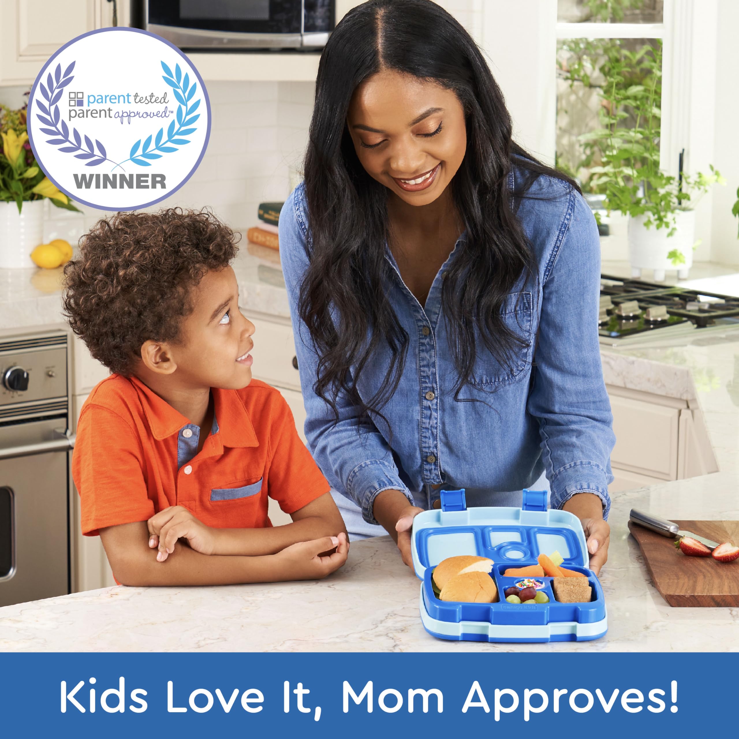 Bentgo Kids 5-compartment layout demonstrates portion-controlled meals for ages 3 to 7.