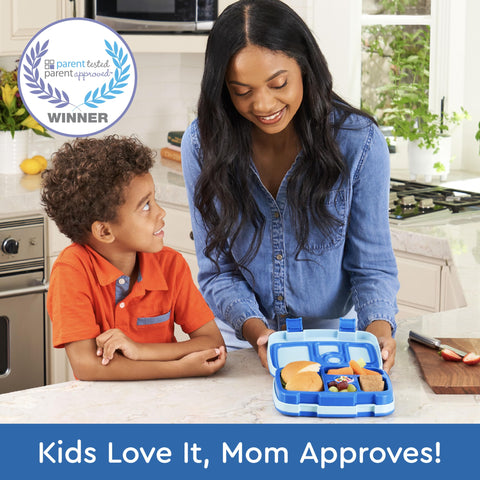 Bentgo Kids 5-compartment layout demonstrates portion-controlled meals for ages 3 to 7.