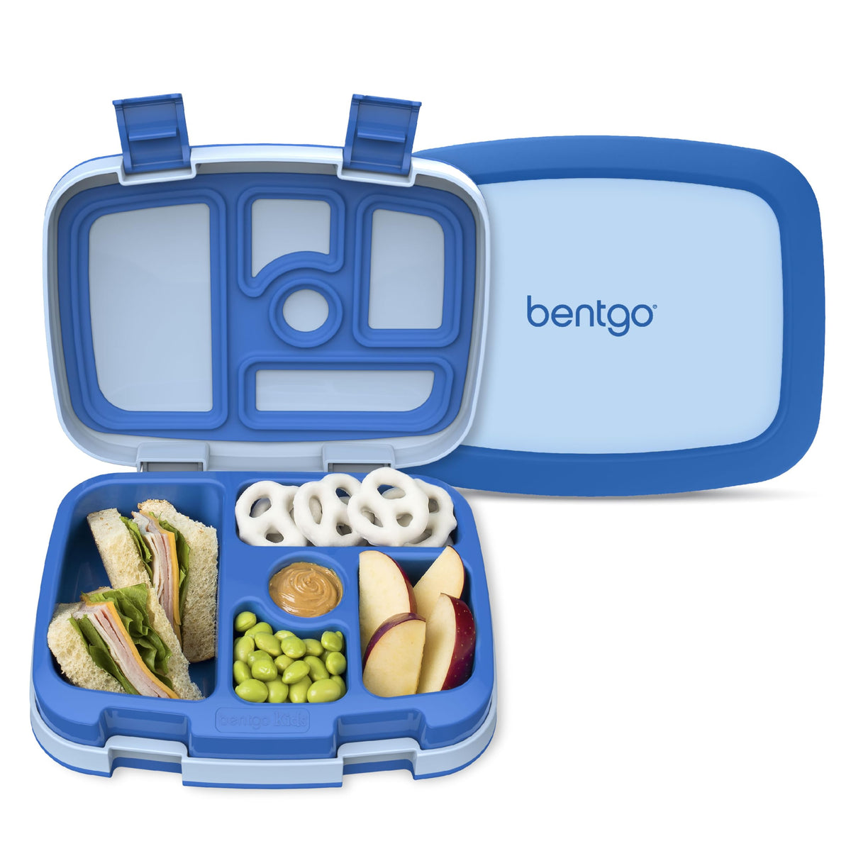 Bentgo Kids lunch box blue front view showing 5 compartments for balanced meals.