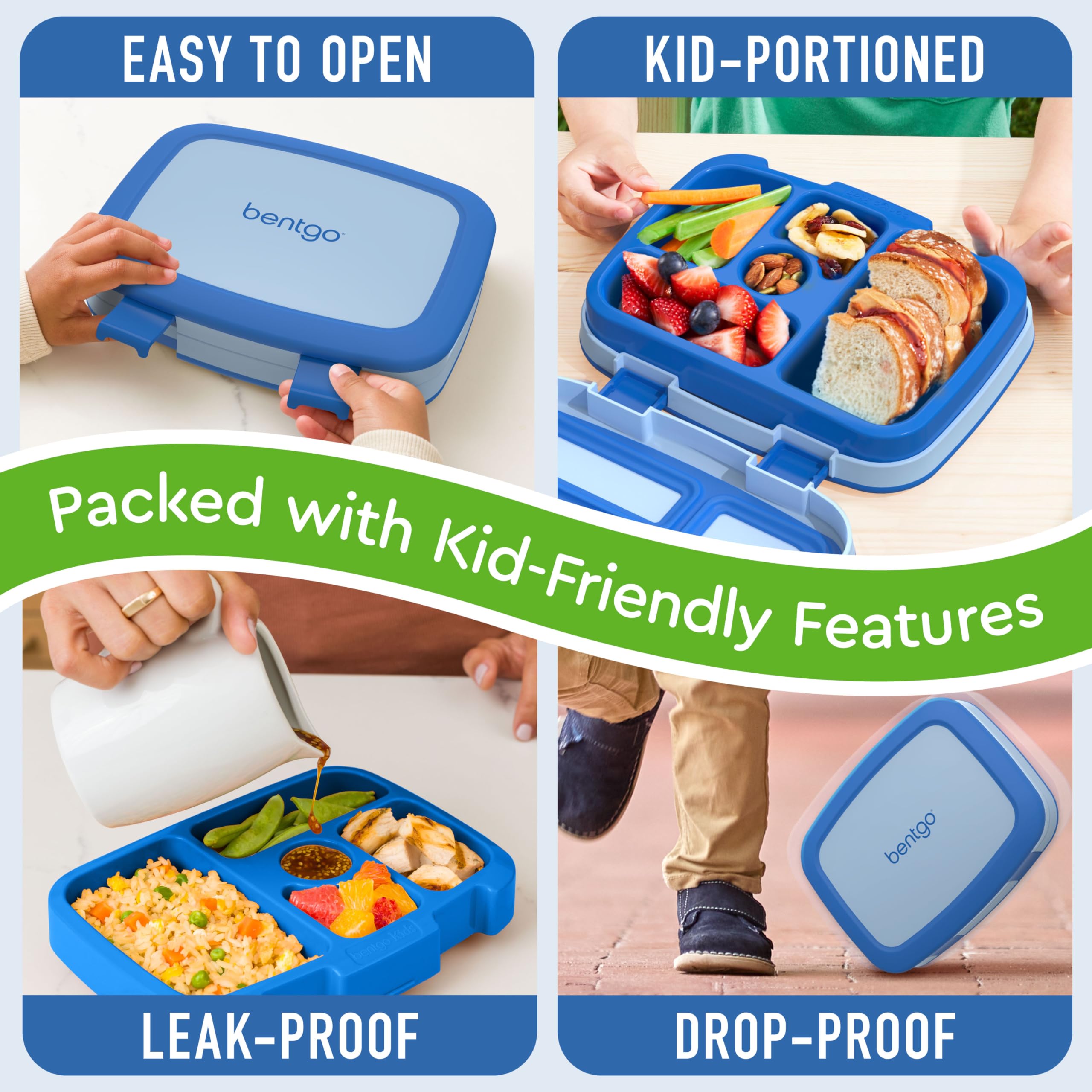 Bentgo Kids drop-proof design with rubber-coated edges for active kids.